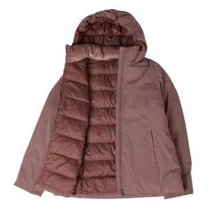 A brown hooded down jacket with a quilted interior and side zip pockets, partially unzipped to show the lining.