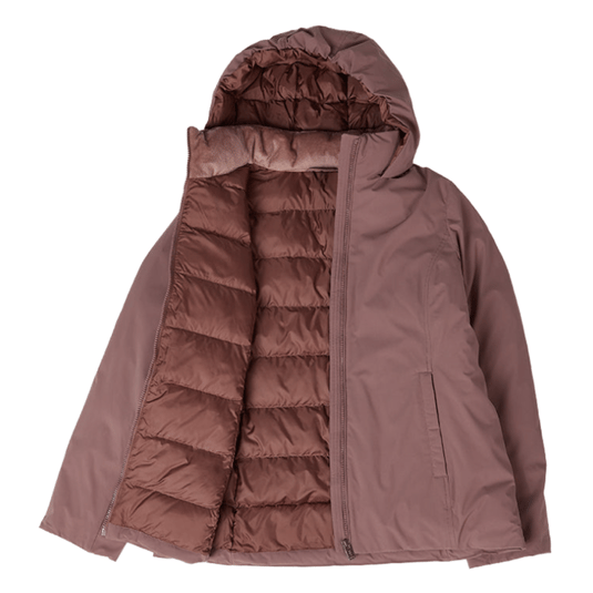 A brown hooded down jacket with a quilted interior and side zip pockets, partially unzipped to show the lining.