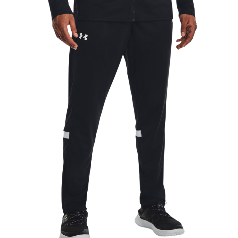 Black athletic pants with white branding and accents near the knees, paired with black athletic shoes.