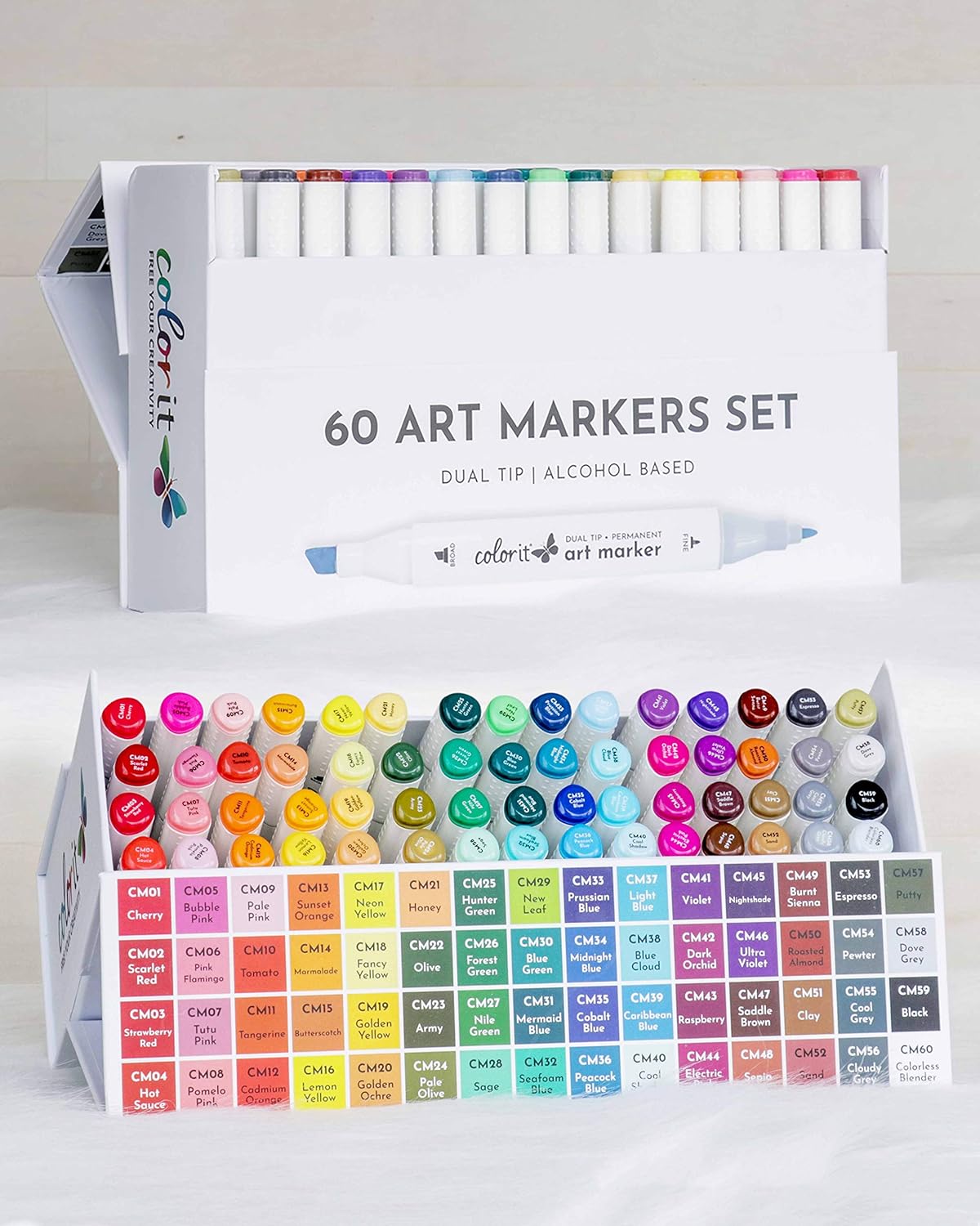 A set of 60 dual-tip, alcohol-based art markers in a variety of colors, each labeled with names and codes.