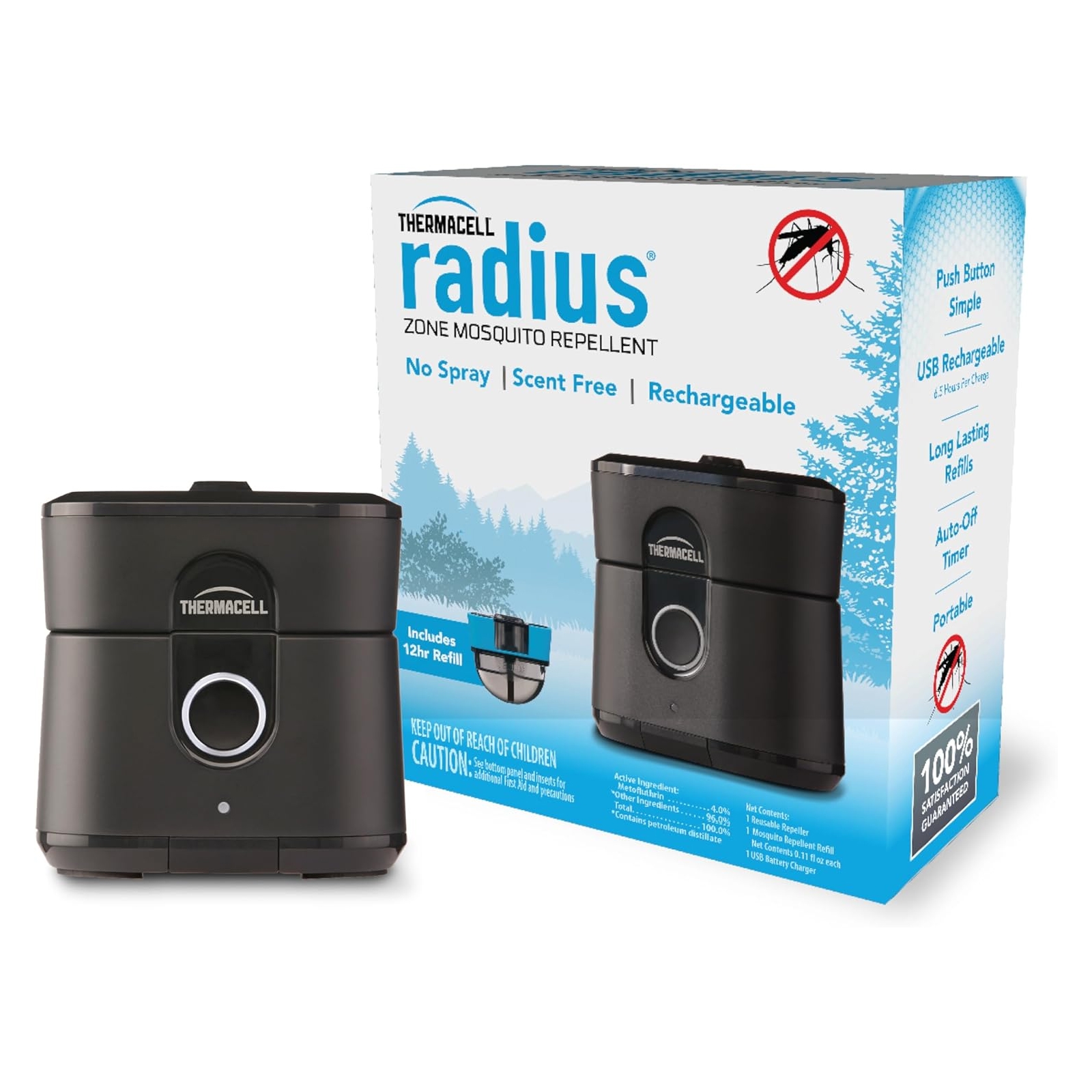 Thermacell Radius Zone Mosquito Repellent, portably designed, scent-free, rechargeable, with a 12-hour refill included.