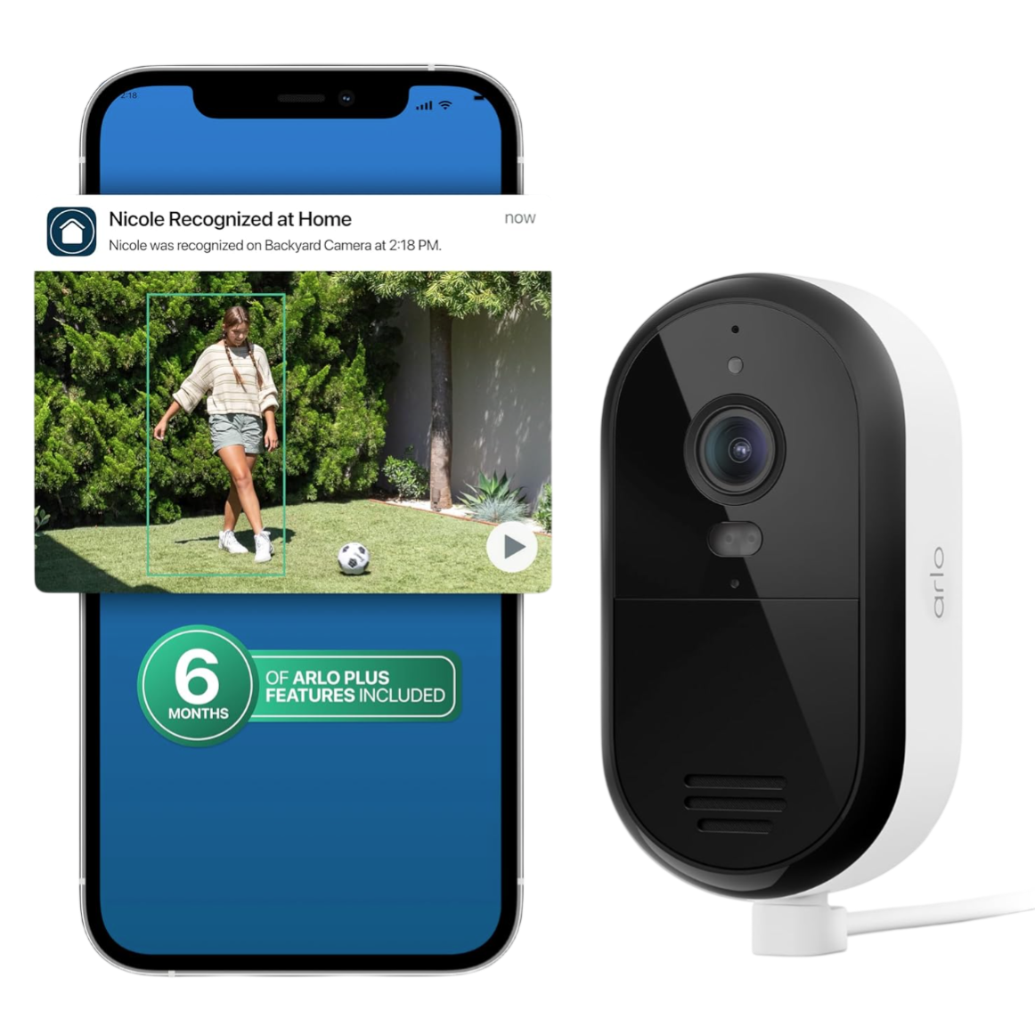 An Arlo security camera is shown alongside a smartphone displaying a notification and a captured video of a person recognized by the camera system.