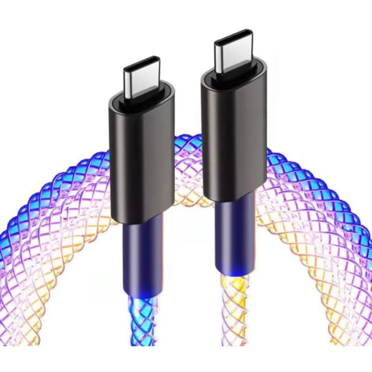 USB-C charging cable with two connectors featuring LED lights, illuminating the woven design with vibrant blue and yellow hues.