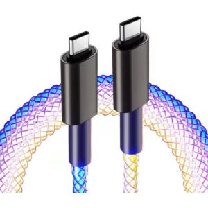 USB-C charging cable with two connectors featuring LED lights, illuminating the woven design with vibrant blue and yellow hues.