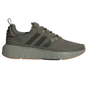 Olive green Adidas Men's Swift Run Shoes feature a knitted upper, black three-stripe branding, cushioned midsole for comfort, and a gum rubber outsole for traction.