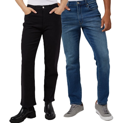 Two pairs of jeans: one black and one blue, with the black pair worn with boots and the blue pair with sneakers.
