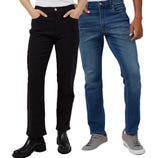 Two pairs of jeans: one black and one blue, with the black pair worn with boots and the blue pair with sneakers.