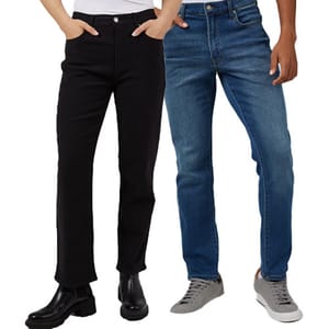 Two pairs of jeans: one black and one blue, with the black pair worn with boots and the blue pair with sneakers.
