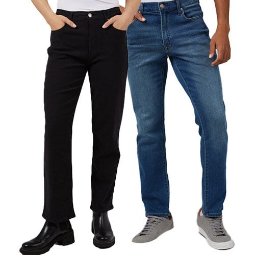Two pairs of jeans: one black and one blue, with the black pair worn with boots and the blue pair with sneakers.