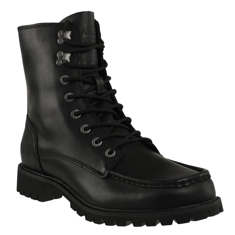 Black leather combat boot with laces and a chunky sole.