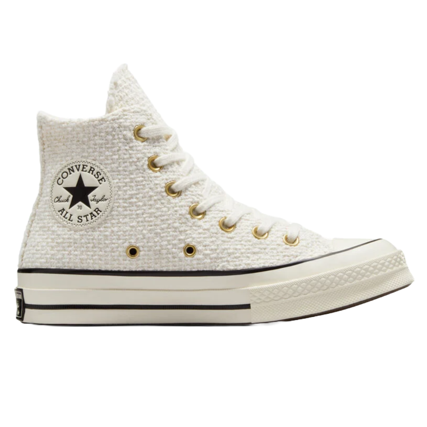 Converse Chuck 70 Tweed Shoes feature a high-top design with a textured white tweed fabric, gold eyelets, and a classic Chuck Taylor All Star logo patch on the side. They have a cream rubber sole with black stripe detailing.