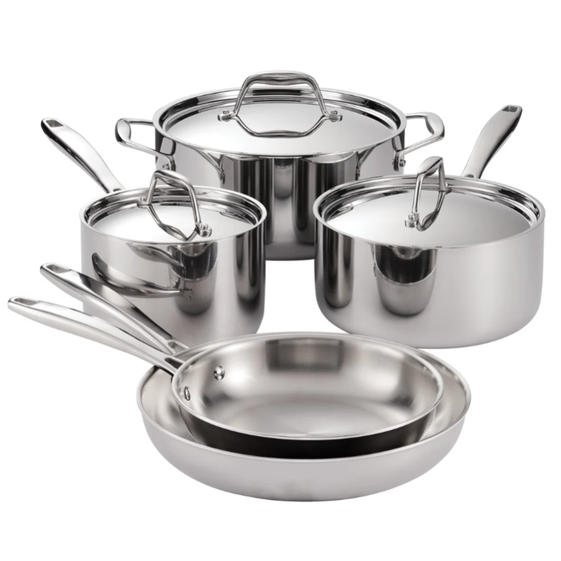 A stainless steel cookware set including two saucepans with lids, a stockpot with lid, and two frying pans.