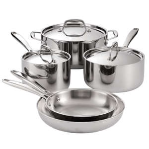 A stainless steel cookware set including two saucepans with lids, a stockpot with lid, and two frying pans.