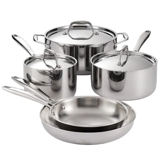A stainless steel cookware set including two saucepans with lids, a stockpot with lid, and two frying pans.