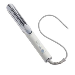 A white hair styling tool with a vented barrel for straightening or curling, including temperature settings ranging from 280°F to 450°F, and a fan option.