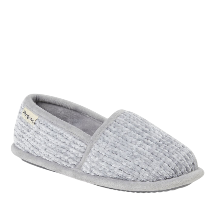 Gray slipper with a soft, fuzzy texture and a label on the side, designed for indoor comfort.