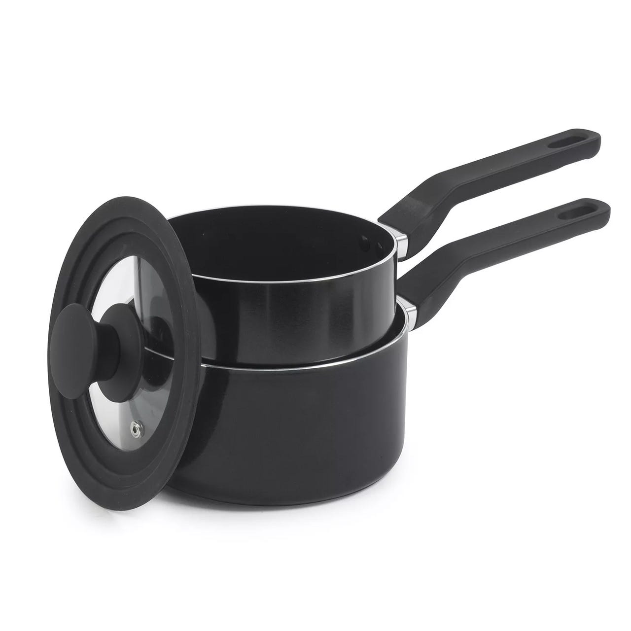 Two black saucepans with matching lids, featuring long handles, are stacked together.