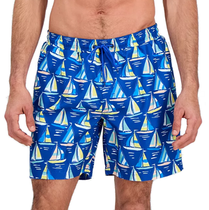 Blue swim trunks featuring a pattern of colorful sailboats, designed with an adjustable drawstring waistband.