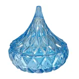 A blue glass decorative jar with a diamond pattern and a teardrop-shaped lid, suitable for various decorative uses.
