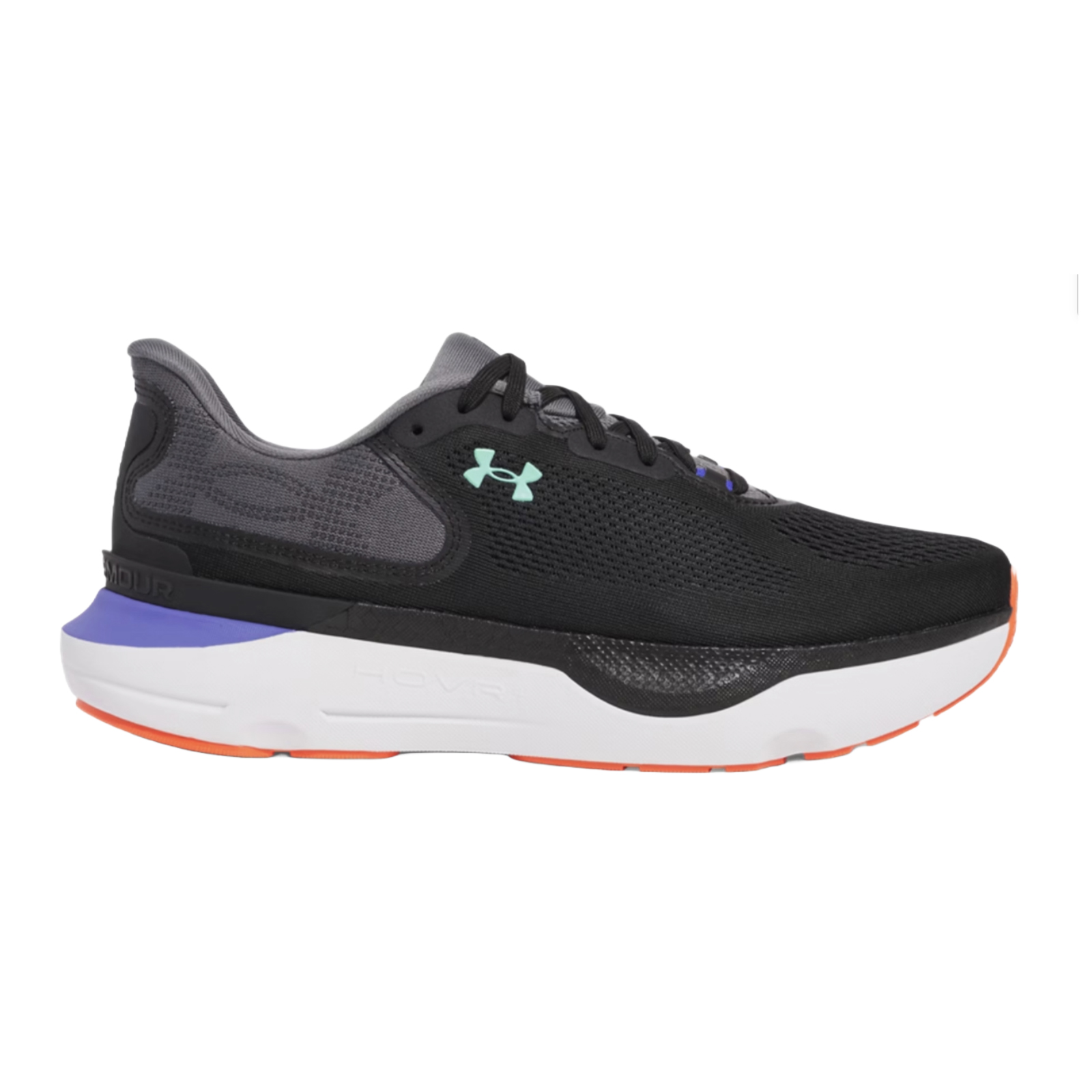 Black athletic shoe with a mesh upper, teal Under Armour logo, and a thick white midsole featuring \“HOVR\“ technology for cushioning. It has orange accents on the outsole and a purple heel detail.