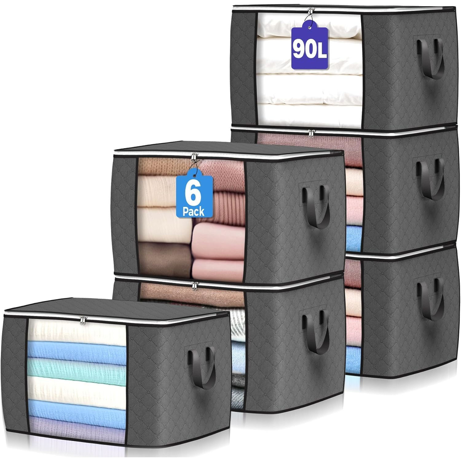 Set of six gray fabric storage bags, each with a 90-liter capacity, featuring clear windows and sturdy handles for organizing and storing clothes or linens.