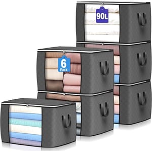 Set of six gray fabric storage bags, each with a 90-liter capacity, featuring clear windows and sturdy handles for organizing and storing clothes or linens.