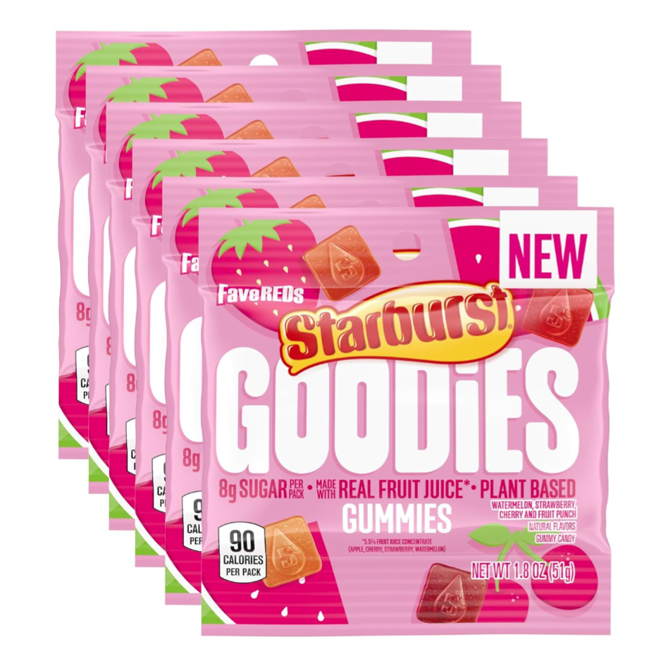 Starburst Goodies Gummies, FaveREDS variety, are plant-based, made with real fruit juice, and have 8g of sugar per pack. They feature flavors like watermelon, strawberry, cherry, and fruit punch, with 90 calories per 1.8 oz (51g) pack.