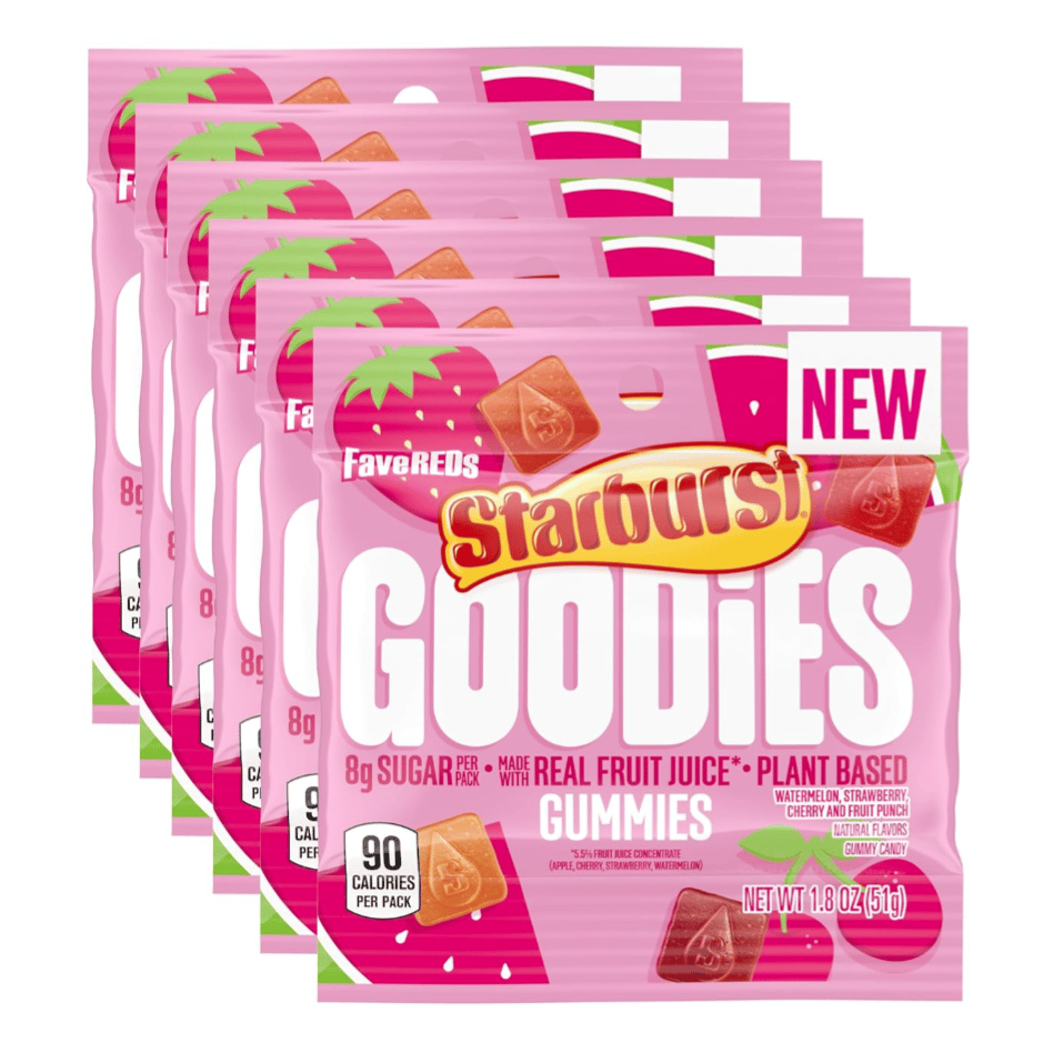 Starburst Goodies Gummies, FaveREDS variety, are plant-based, made with real fruit juice, and have 8g of sugar per pack. They feature flavors like watermelon, strawberry, cherry, and fruit punch, with 90 calories per 1.8 oz (51g) pack.