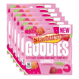 Starburst Goodies Gummies, FaveREDS variety, are plant-based, made with real fruit juice, and have 8g of sugar per pack. They feature flavors like watermelon, strawberry, cherry, and fruit punch, with 90 calories per 1.8 oz (51g) pack.