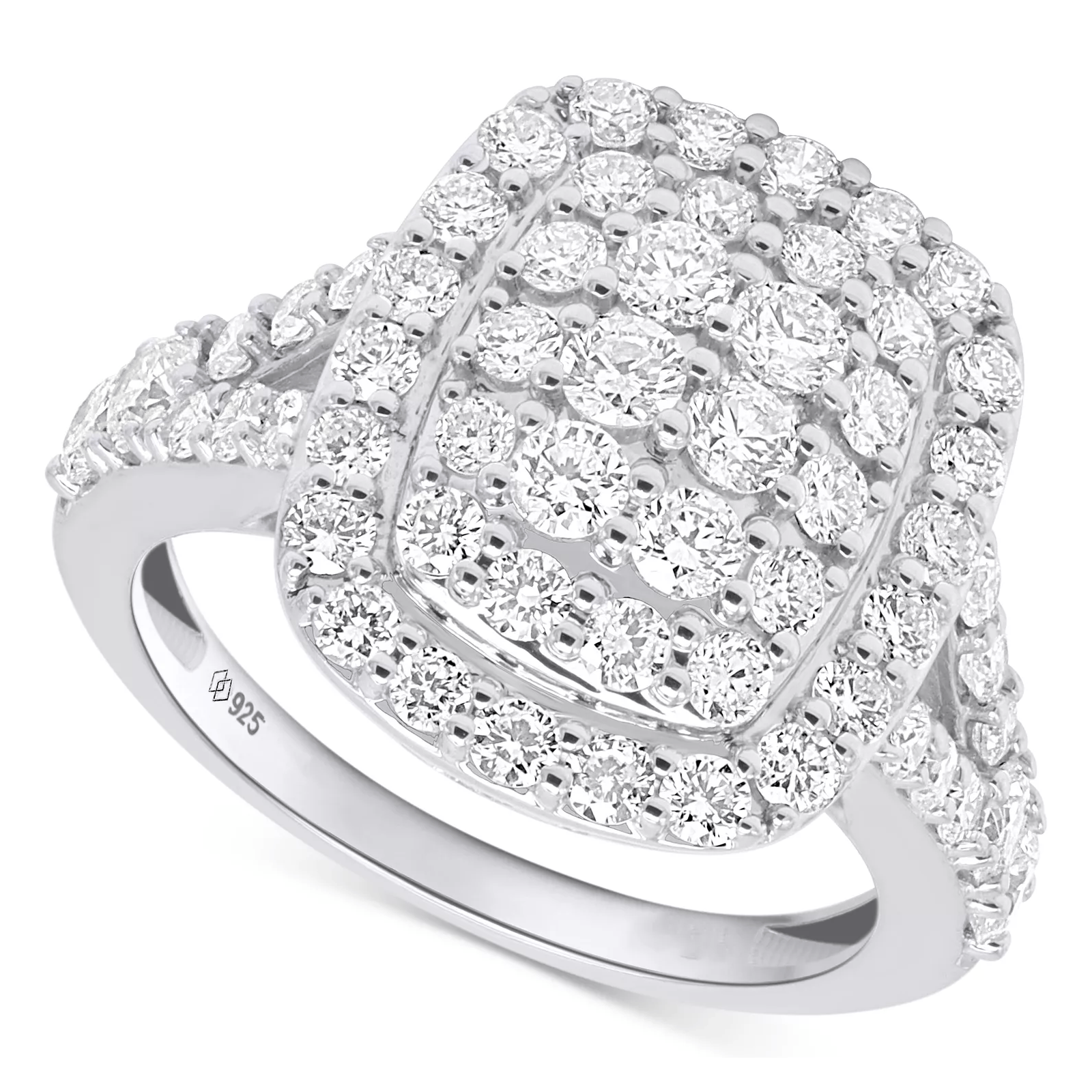 A silver ring features multiple rows of small, round-cut white stones arranged in a rectangular cluster design, with an embossed \“925\“ stamp on the band, indicating sterling silver.