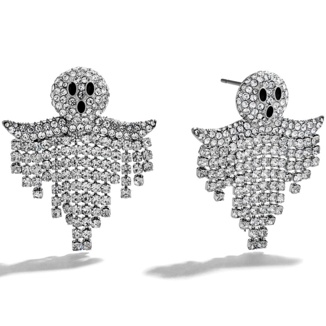 Dangling rhinestone earrings shaped like ghosts with black eyes and mouths, featuring cascading strands for a shimmering effect.