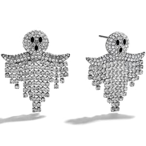 Dangling rhinestone earrings shaped like ghosts with black eyes and mouths, featuring cascading strands for a shimmering effect.