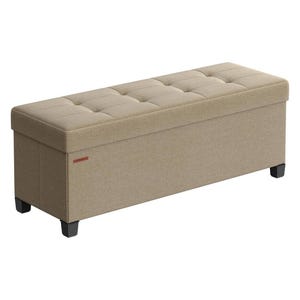 A beige rectangular ottoman with a tufted top and black legs, designed for storage and seating.