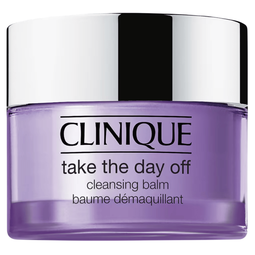 Clinique's \“Take the Day Off\“ cleansing balm in a purple jar with a silver lid, labeled in both English and French.