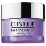 Clinique's \“Take the Day Off\“ cleansing balm in a purple jar with a silver lid, labeled in both English and French.