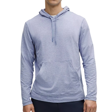 A light blue long-sleeve hooded sweatshirt with a front pocket, designed for casual wear.