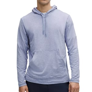 A light blue long-sleeve hooded sweatshirt with a front pocket, designed for casual wear.
