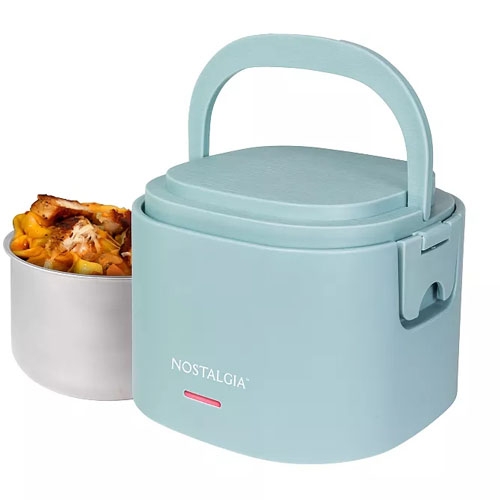 A light blue portable electric lunch box with a handle, designed for heating food, displayed with a metal food container filled with mac and cheese.