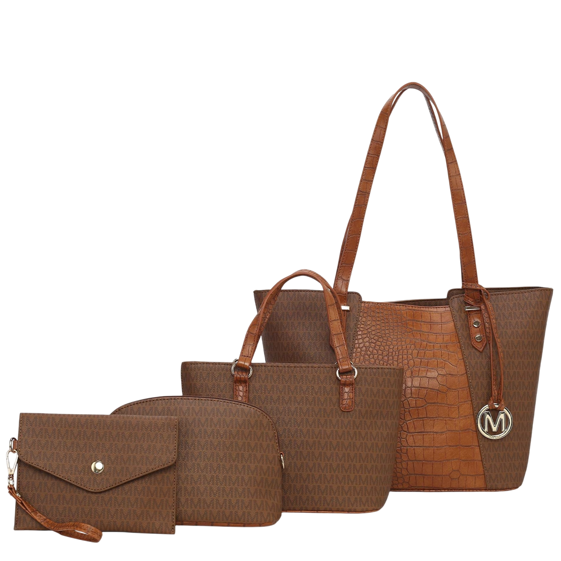 A coordinated brown handbag set includes a large tote with a crocodile texture, a medium-sized handbag, a zipper pouch, and a small envelope-style wallet, all featuring a repeating M pattern and gold accents.