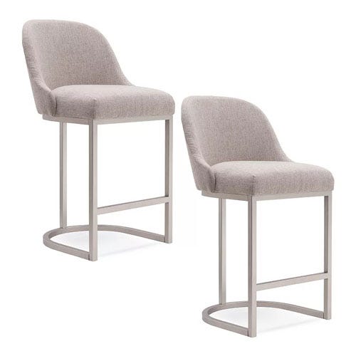 Set of two light gray upholstered bar stools with curved backs and chrome metal legs.