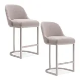 Set of two light gray upholstered bar stools with curved backs and chrome metal legs.