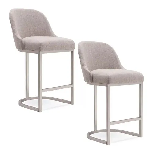 Set of two light gray upholstered bar stools with curved backs and chrome metal legs.