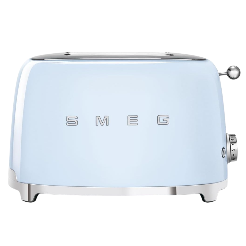 Blue SMEG toaster with a retro design, featuring a silver lever and browning control knob.
