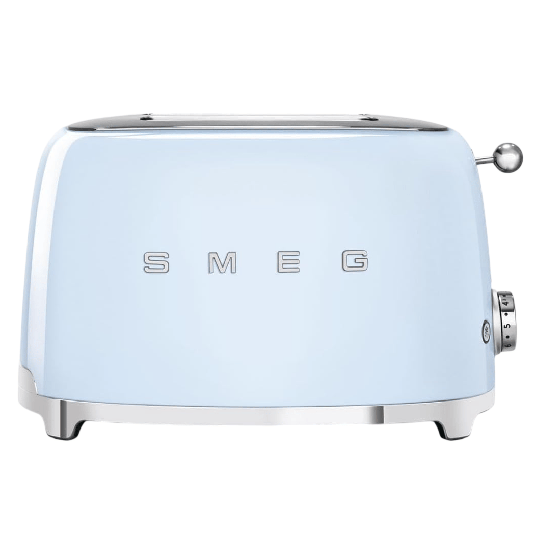 Blue SMEG toaster with a retro design, featuring a silver lever and browning control knob.