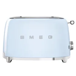 Blue SMEG toaster with a retro design, featuring a silver lever and browning control knob.