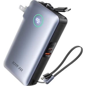 A portable power bank with a charging plug and LED display, featuring two USB ports and an attached cable with both USB-C and Micro USB connectors.