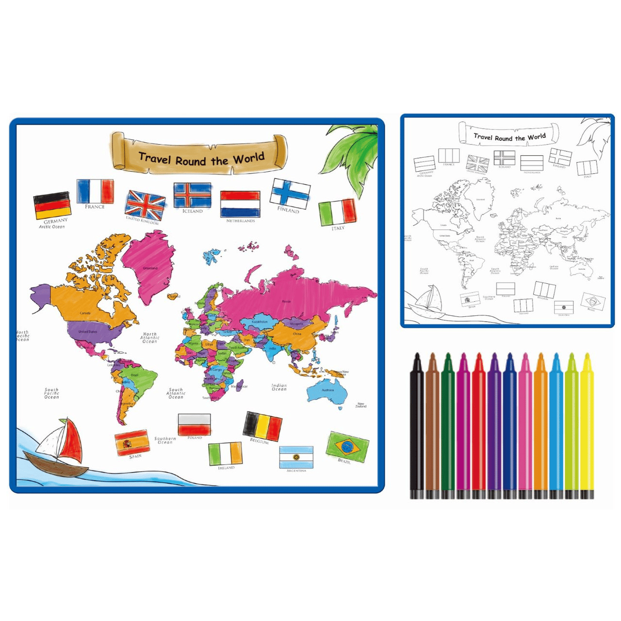 A colorful world map with various country flags is shown beside a blank version for coloring, accompanied by 12 colored markers.