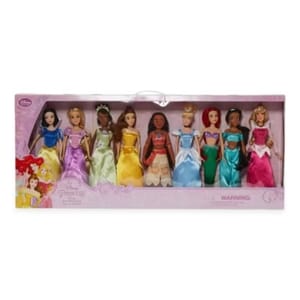 A boxed set of nine Disney Princess dolls, each dressed in a unique colorful gown. The dolls represent popular characters from Disney movies.