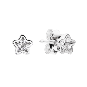 Star-shaped stud earrings with a clear gemstone at the center, set in a metallic frame.