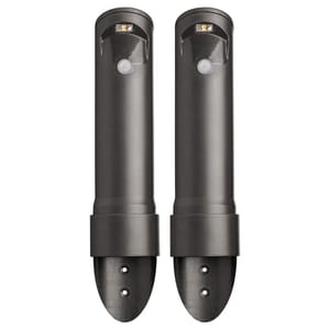 Two dark-colored outdoor wall-mounted lights with a cylindrical design, featuring motion sensors and LED bulbs.